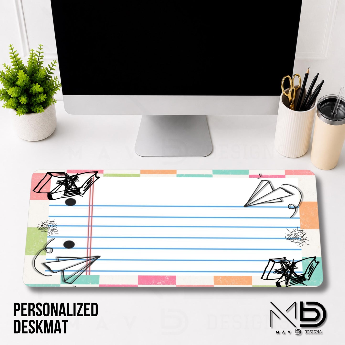 Personalized Deskmat | Pastel Checkered Paper Doodles | Custom Name