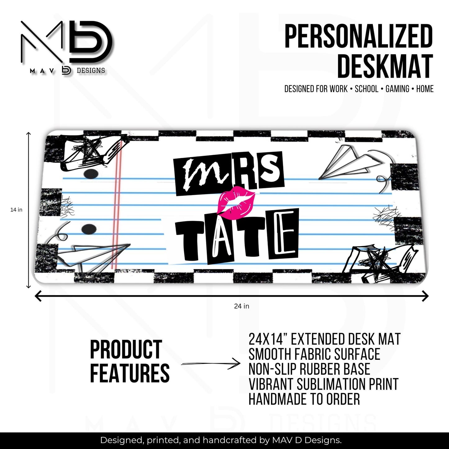 Personalized Deskmat | Mean Girl Font Checkered Doodle Paper | Custom Name