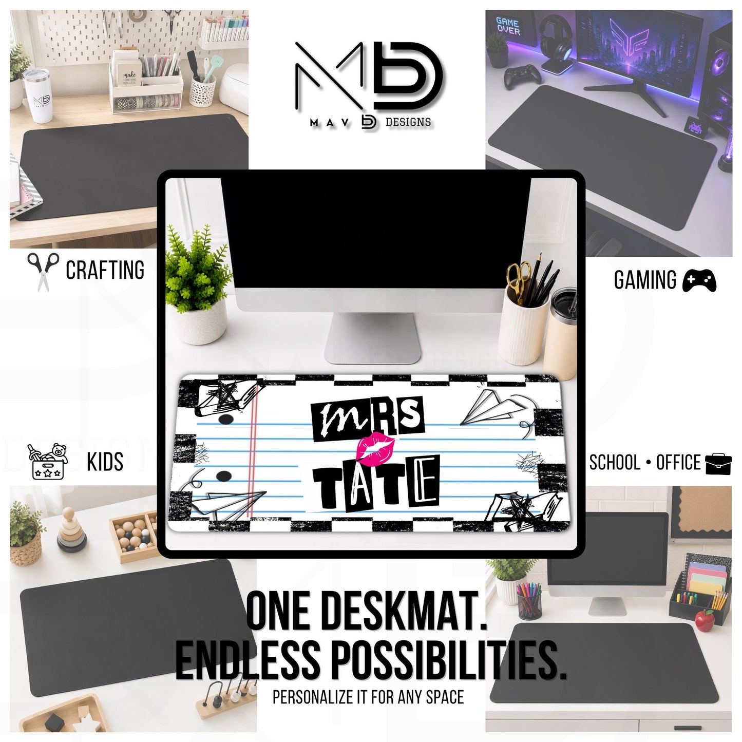 Personalized Deskmat | Mean Girl Font Checkered Doodle Paper | Custom Name