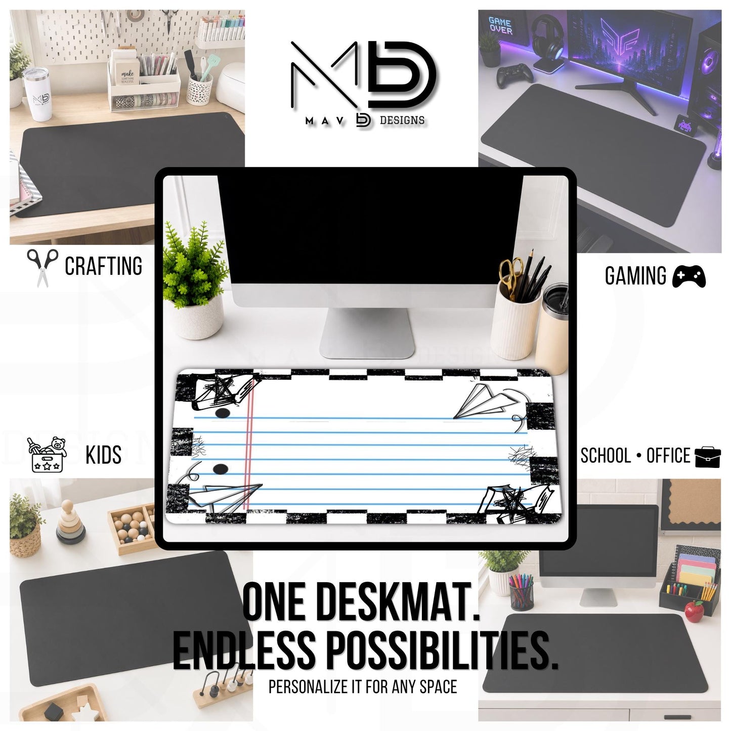 Personalized Deskmat | Checkered Paper Doodles | Custom Name