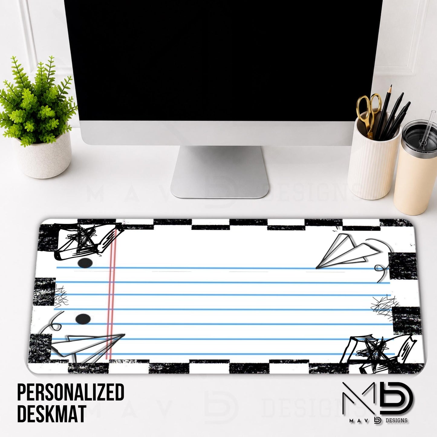 Personalized Deskmat | Checkered Paper Doodles | Custom Name